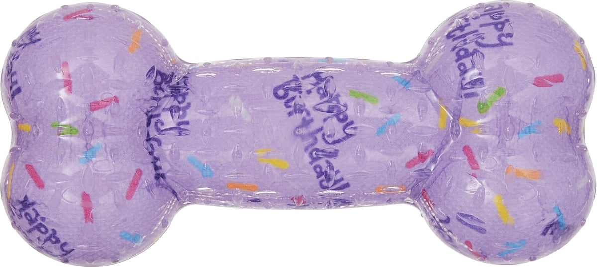Frisco hueso de cumpleaños TPR chillón morado para perro